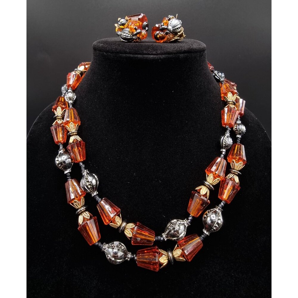 Vintage West Germany Signed Amber Glass & Gold-Tone Bead Necklace & Earrings Set